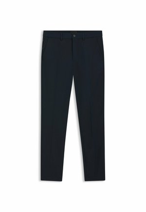 Navy blue, tailored trousers made of smooth fabric; features front pockets, belt loops, and a button closure. Straight-leg design.