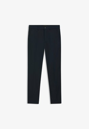 Marineblaue, taillierte Hose aus glattem Stoff; verfügt über Vordertaschen, Gürtelschlaufen und einen Knopfverschluss. Gerades Bein Design.