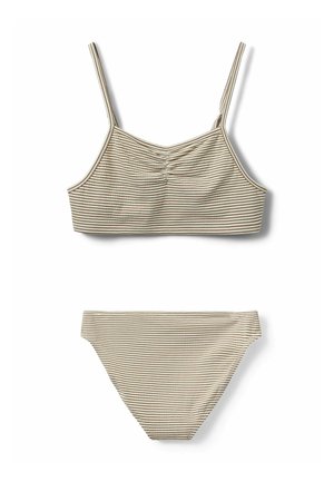 Set bikini a righe beige e marrone. Il reggiseno ha spalline sottili e un centro arricciato; il fondo è un modello classico a slip.