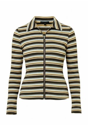 Striped zip-up sweater with a collar, featuring horizontal stripes in brown, yellow, and light blue. Fitted design with long sleeves.