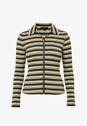 Pull zippé à col rayé, présentant des rayures horizontales en marron, jaune et bleu clair. Coupe ajustée avec manches longues.