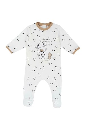 Białe body niemowlęce w czarne wzory w trójkąty, z brązową obwódką przy szyi oraz grafiką przedstawiającą krowę i niedźwiedzia z napisem "cuore di mamma".