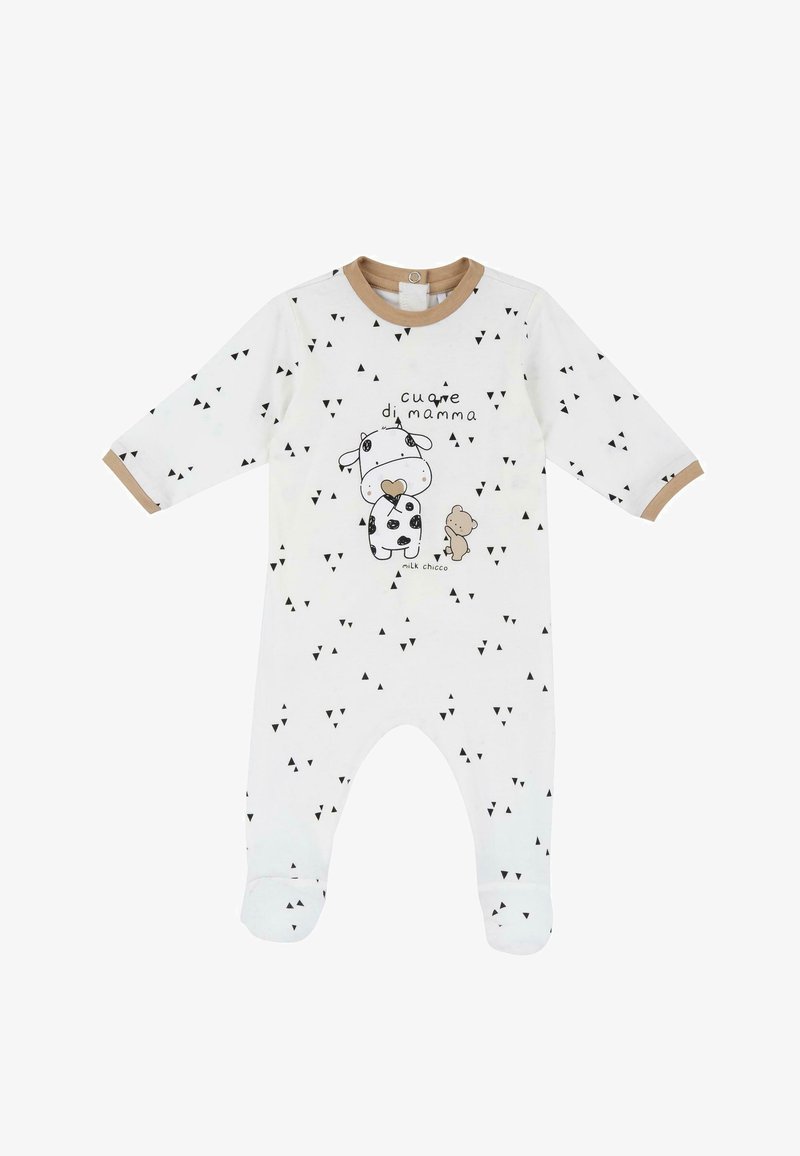 Bodysuit blanc pour bébé avec des motifs triangulaires noirs, un col marron, et un graphique représentant une vache et un ours avec le texte "cuore di mamma."