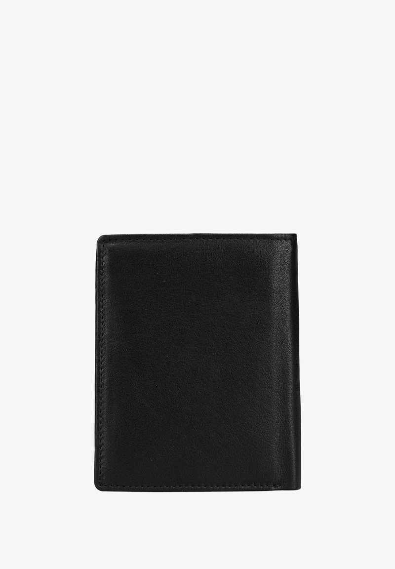 Portefeuille noir en cuir à rabat avec bords cousus, présenté fermé sur un fond blanc.