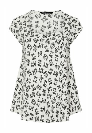 Hvid kortærmet bluse med sort gentaget sløjfemønster og draperet udskæring.