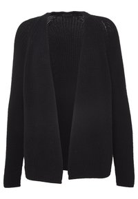 Cardigan noir ouvert en maille, à manches longues et à motif texturé, idéal pour le superposition dans une tenue décontractée ou semi-formelle.