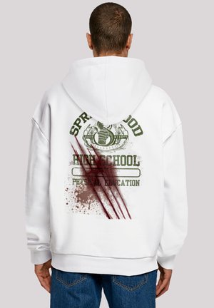 White hoodie featuring a graphic print on the back with "SPRINGWOOD HIGH SCHOOL" and claw marks in red, made from soft fabric.