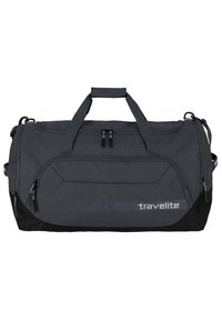 Sac de sport gris avec accents noirs, fabriqué en tissu avec une finition texturée. Comprend des poignées supérieures doubles, une fermeture éclair et un logo sur le côté.