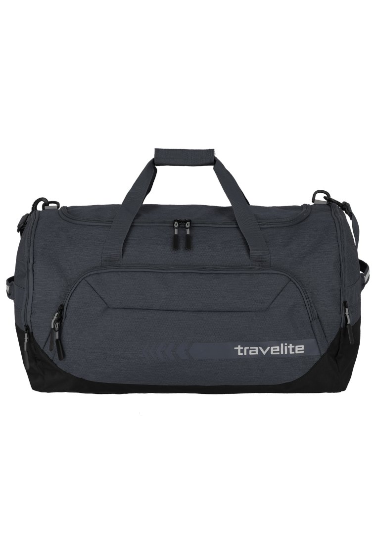 Sac de sport gris avec accents noirs, fabriqué en tissu avec une finition texturée. Comprend des poignées supérieures doubles, une fermeture éclair et un logo sur le côté.