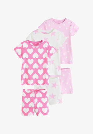 Päťdielna súprava detského pyžama v ružovej a bielej farbe s motívmi srdiečok, hviezd a bodiek. Vyrobené z mäkkej bavlny.