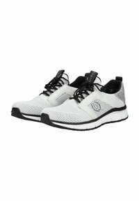 Scarpe sportive con una parte superiore in rete bianca e grigia, dettagli testurizzati, lacci neri e una suola flessibile bianca e nera.