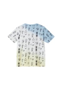 Korte mouw T-shirt voor kinderen met een blauw, wit en geel verloop en zwarte lijntekeningen van sushi, champignons, drankjes en snacks.