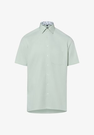 Camicia verde chiaro a maniche corte con taschino sul petto e fodera interna del colletto a motivi.