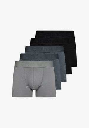 Heren boxershorts in een verpakking van vijf, met een kleurenpalet van grijs, donkergrijs en zwart, gemaakt van een zachte stof met reliëflogo's.