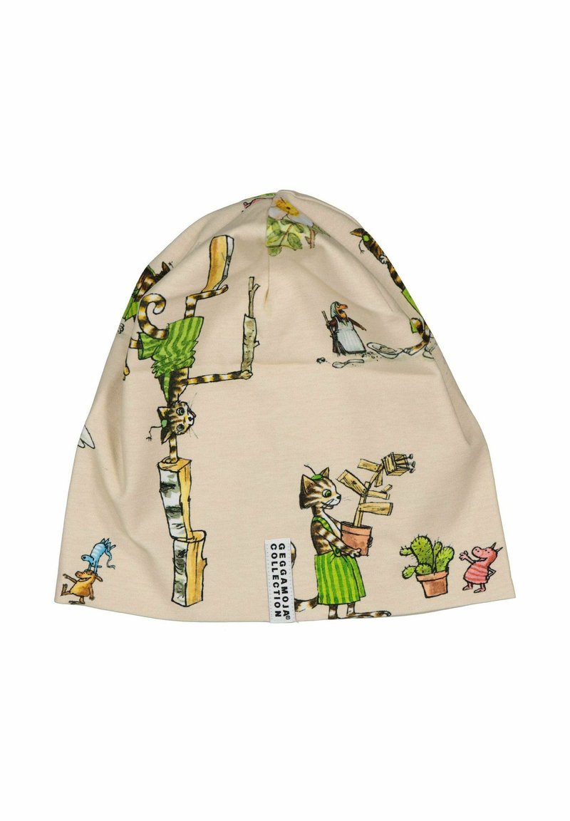 Vauriohattu, jossa on leikkisiä kuvastoja kissoista vihreissä vaatteissa, ruukkuviherkasveista ja pienistä eläinhahmoista, merkitty "Geggamoja-mallistoksi."