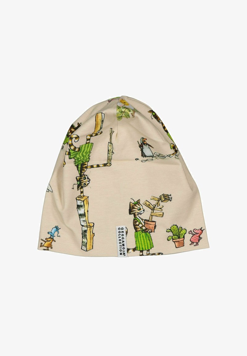 Vauriohattu, jossa on leikkisiä kuvastoja kissoista vihreissä vaatteissa, ruukkuviherkasveista ja pienistä eläinhahmoista, merkitty "Geggamoja-mallistoksi."