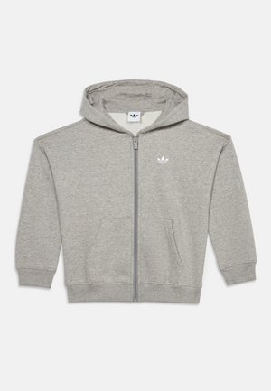 Lysegrå hættetrøje med lynlås foran, lommer foran, ribkantsærmer og kant, hætte og lille hvid Adidas-logo på venstre bryst.