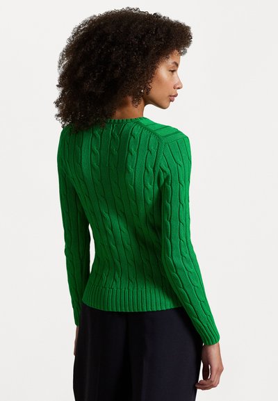Green cable-knit sweater with long sleeves, ribbed cuffs, and hem. Back view showcases textured pattern and fitted silhouette.