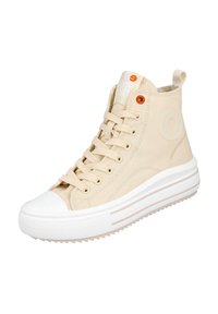 Zapatillas altas beiges de lona, con una puntera de goma blanca, suela texturizada y un acento naranja en el ojete.