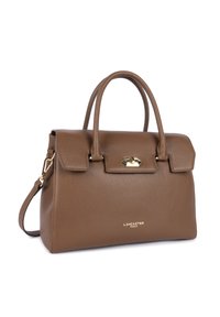 Borsa a tracolla in pelle marrone con un design strutturato, manici doppi e tracolla removibile. Presenta una chiusura e un logo in tonalità oro.