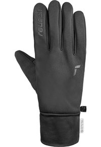 Schwarzer wasserdichter Handschuh mit glatter Oberfläche, schlichtem Design, strukturiertem Handgelenkbund, Logo-Detail auf der Oberseite und einem kleinen verstellbaren Riemen für die Passform.