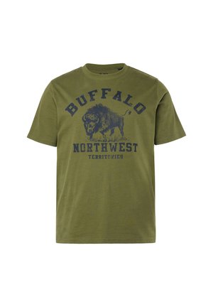 Olivgrünes Baumwoll-T-Shirt mit einem navyblauen Motiv eines Bisons und dem Text "BUFFALO NORTHWEST TERRITORIES" darüber. Kurze Ärmel, Rundhalsausschnitt.