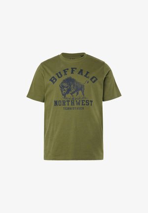 Oliwkowa bawełniana koszulka z krótkim rękawem i okrągłym dekoltem, z granatowym nadrukiem bizony i napisem „BUFFALO NORTHWEST TERRITORIES” nad nim.