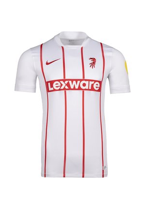 Hvid sports-T-shirt med korte ærmer med røde lodrette striber, rød "Lexware" sponsormærke, Nike-swoosh og rød ørn-emblem på brystet.