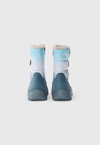 Blaue und türkisfarbene wasserdichte Stiefel mit einem weichen Kunstfellfutter. Kurze Knöchelhöhe mit einem sanften Farbverlaufdesign und seitlichem Reißverschlussdetail.