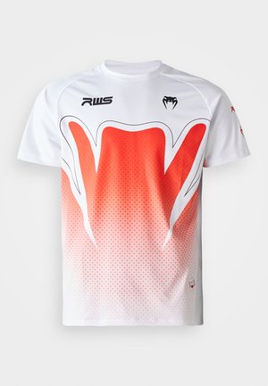 White athletic t-shirt featuring a gradient design from white to red, with a geometric pattern and a black logo on the chest.