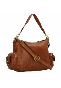 Borsa in pelle marrone con hardware dorato, forma strutturata e tracolla regolabile. Presenta tasche laterali e una finitura liscia.