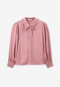 Pink long-sleeve blouse with ruffled collar and bow tie, featuring button closure and textured pattern on fabric. Pleated details on front.