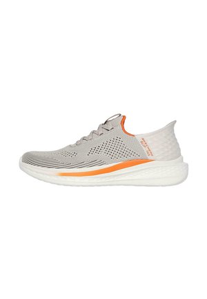Light grey athletic shoe with textured mesh upper, orange accents, and a thick white rubber sole, featuring a streamlined shape for comfort.