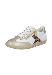White sneaker with gold accents and a leopard print panel. Features a zip closure and textured rubber sole.