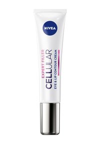 Tubetto bianco con base argento, presenta testi in viola e rosa. Prodotto etichettato "CREMA CONTOUR OCCHI E LABBRA NIVEA CELLULAR EXPERT FILLER."