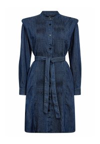 Sötétkék árnyalatú farmerruha mandzsettás nyakkal, elöl gombos, redőzött részletekkel és derékban övvel. Hosszú ujjú, mandzsettás.