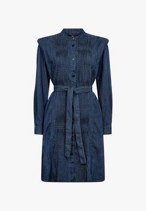 Tumesinises toonis teksakleit, millel on mandariinkrae, ees nupud, volditud detailid ja vööümbrisega vöökoht. Pikkade varrukatega, mansetiga detailidega.