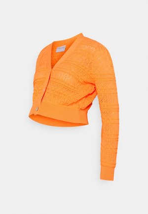 Cardigan cropped orange vif à manches longues, motif en dentelle géométrique, col en V, boutonné à l'avant, avec poignets et taille côtelés.