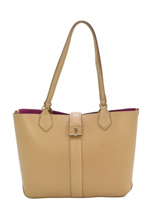 Sac cabas en cuir fauve avec doubles poignées, une bride centrale avec fermoir doré et une doublure intérieure visible rose foncé.