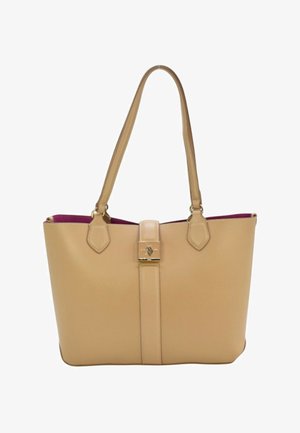 Sac cabas en cuir fauve avec doubles poignées, une bride centrale avec fermoir doré et une doublure intérieure visible rose foncé.