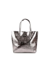 Borsa a tote in argento metallico con motivo a logo in rilievo. Presenta due manici, forma rettangolare e finitura testurizzata. Ideale per l'uso quotidiano.