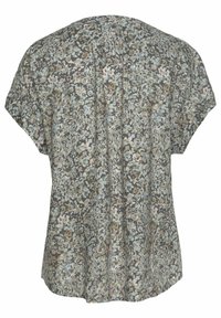 Blusa a maniche corte con motivo floreale, che presenta tonalità di verde, blu e beige, con vestibilità rilassata e dettaglio di piega sul retro.