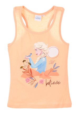 Pfirsichfarbenes Tanktop mit Racerback-Design. Verfügt über eine Grafik eines Charakters, der einen Vogel hält, umgeben von floralen Akzenten und dem Wort "glauben".
