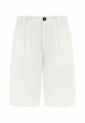 Pantaloncini bianchi su misura fino al ginocchio con pieghe, passanti per cintura e chiusura con bottone nero in vita.