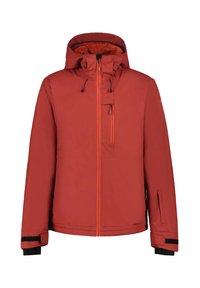 Chaqueta aislante roja con capucha, que presenta cremalleras naranjas, bolsillos laterales y correas negras en las muñecas. Material exterior liso con forro texturizado.