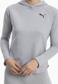 Gray long-sleeve hoodie made of smooth fabric. Features a kangaroo pocket and a small black logo on the left chest. Slightly fitted design.