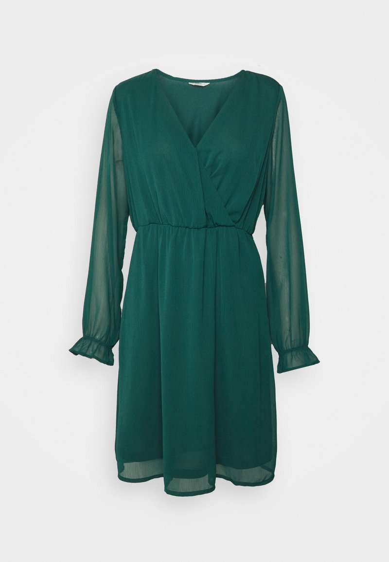 Robe vert foncé longueur genou avec manches longues transparentes, taille élastique, décolleté en V et poignets volantés.
