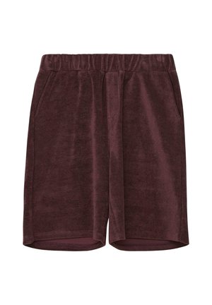 Donkerbruine badstof shorts met elastische tailleband en zijzakken, ontworpen voor casual gebruik.