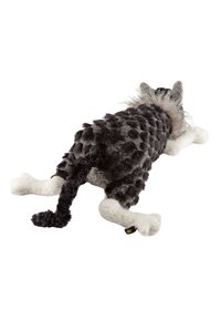 Gray and black plush toy resembling a wolf, featuring soft fur with textured patterns, and white accents on paws and face.