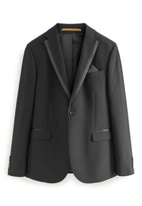 Blazer negro hecho de tejido suave, con solapa de satén, bolsillos frontales y forro interior con estampado. Cierre de un botón.